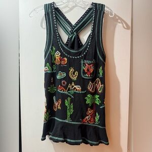 SMALL Double D Ranch - Black- Racer Back Tank Top- Mexico Themed Embroidery